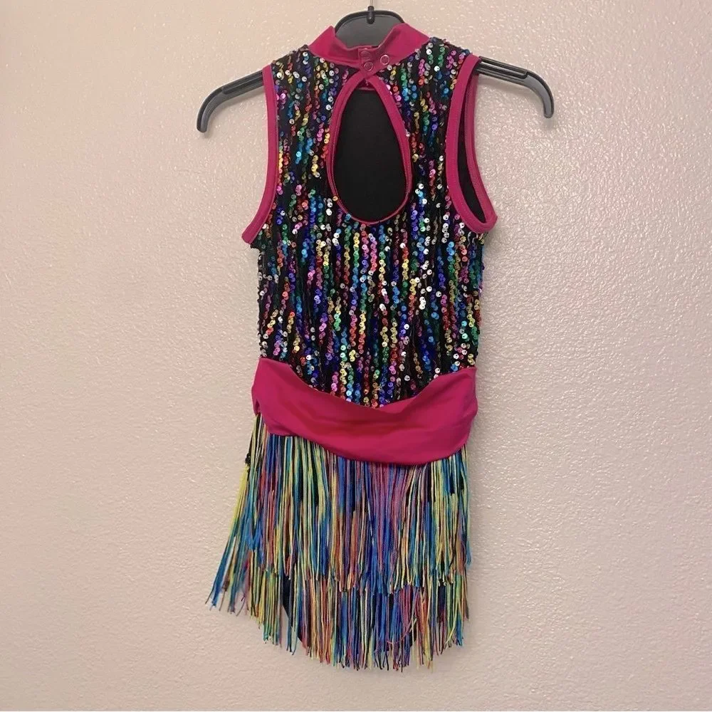WEISSMAN solo Dance Costume colorful black rainbow fringe Dimples 13573 LC child